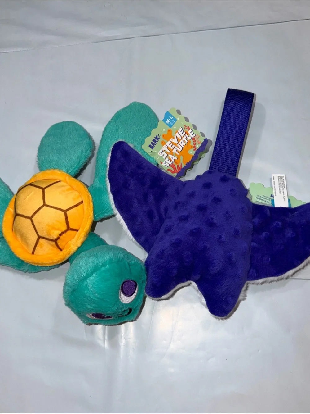 BARK DOG TOYS Steve Sea turtle,  Manny Sting Ray NEW 2 Squeaky Plush Toys M Lg